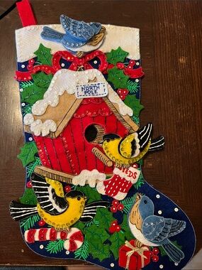 Bucilla Blue, Red, Yellow Winter Birds Holiday Stocking  Finished